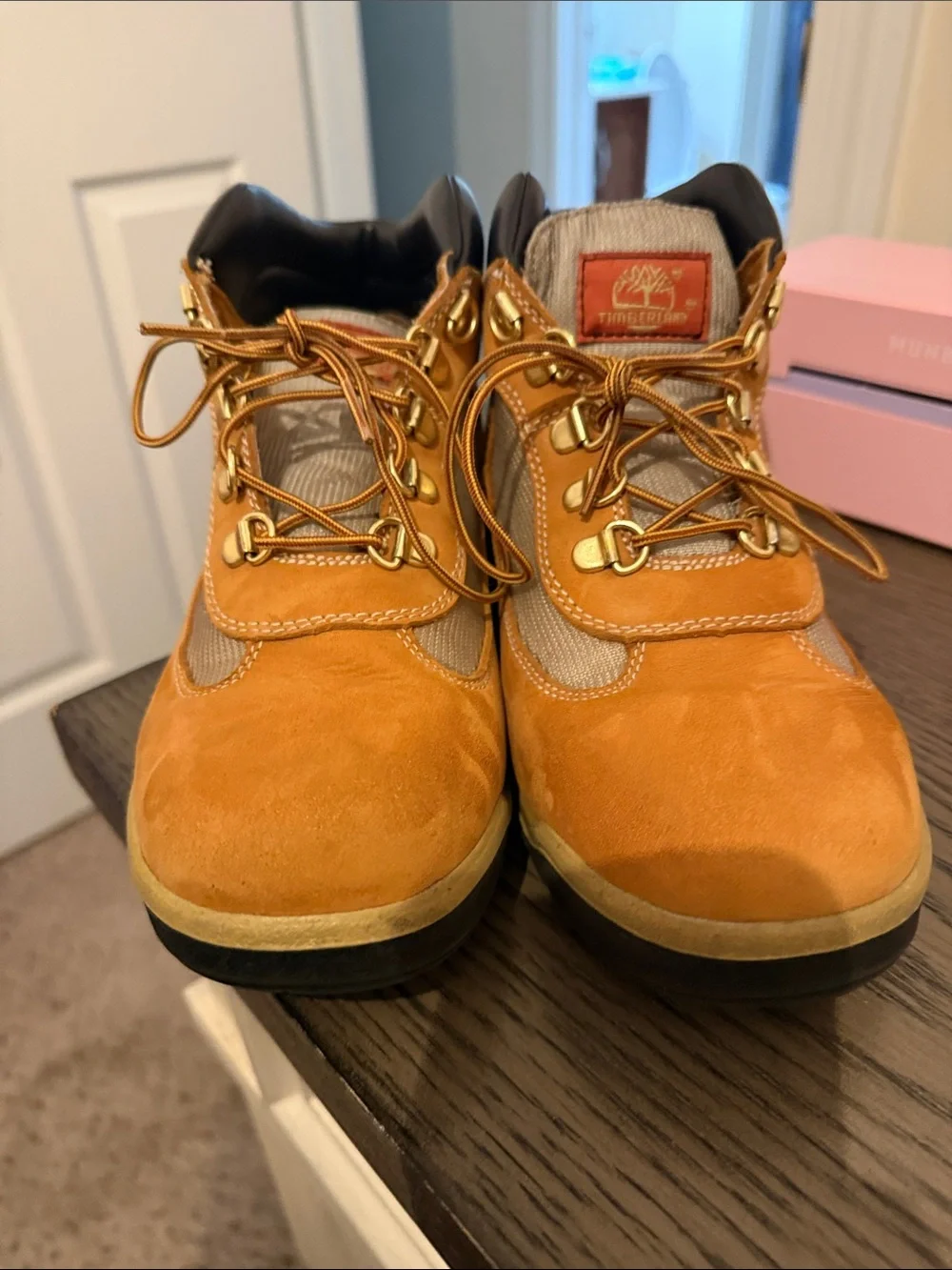 Timberland Kids Orange Suede Hiking Boots with Black Collar 7 Boys